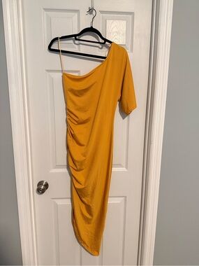 Asymmetrical One-Shoulder Midi Dress in Mustard